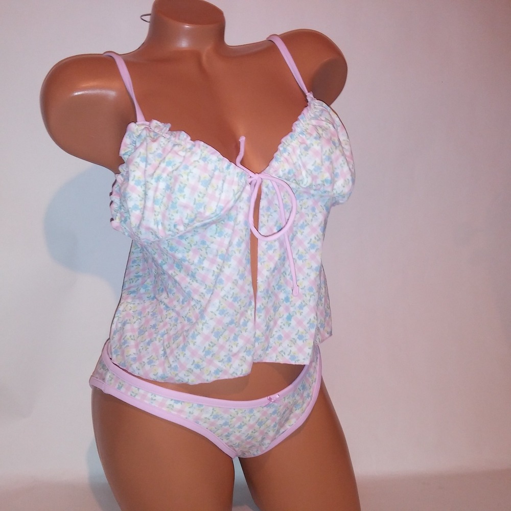 Victoria Secret PINK Swim Bikini Medium Top & Bottom Pink Blue White Floral New